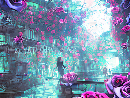 #站酷梦笔#院墙爬满蓝玫瑰，插画,赛博朋克,动漫风