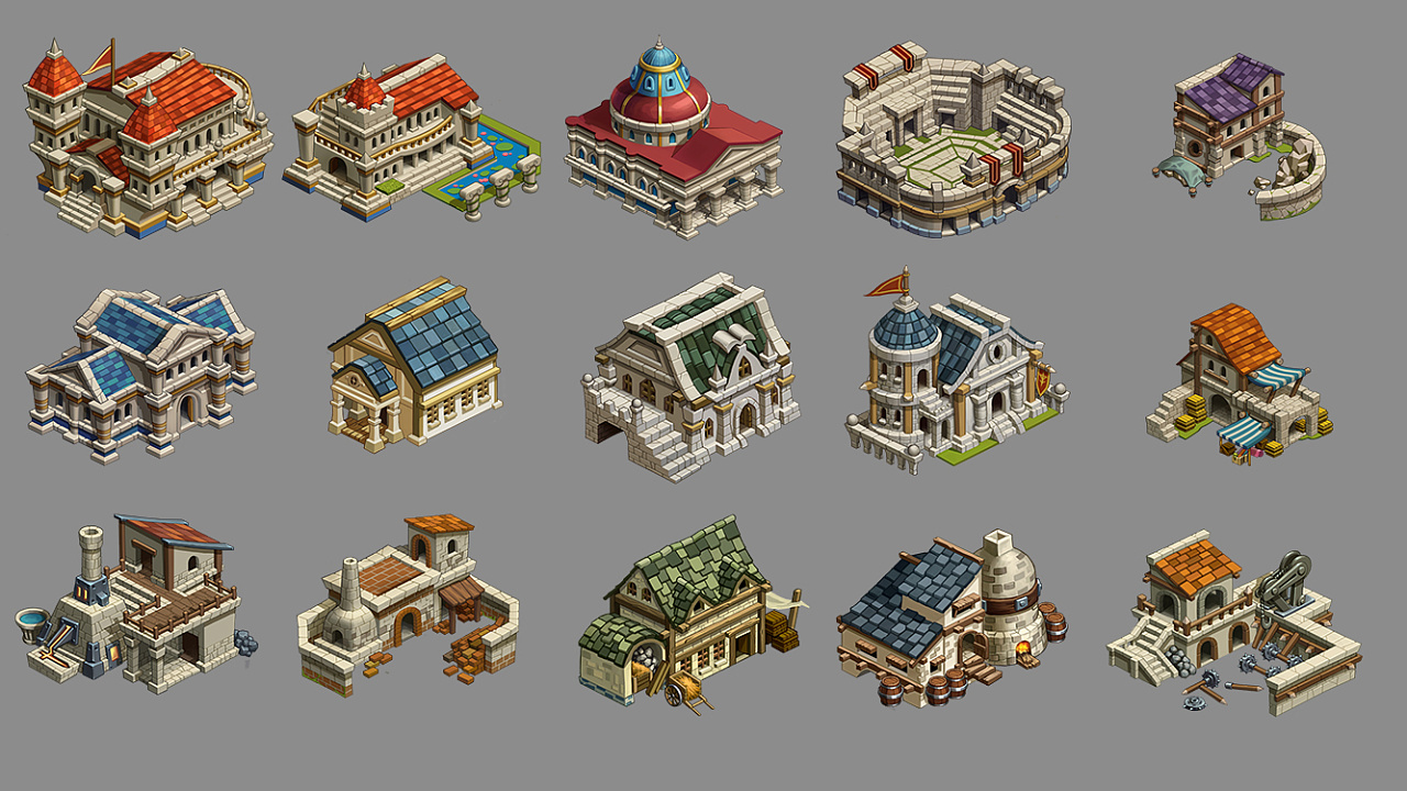 一组q版手机游戏场景建筑