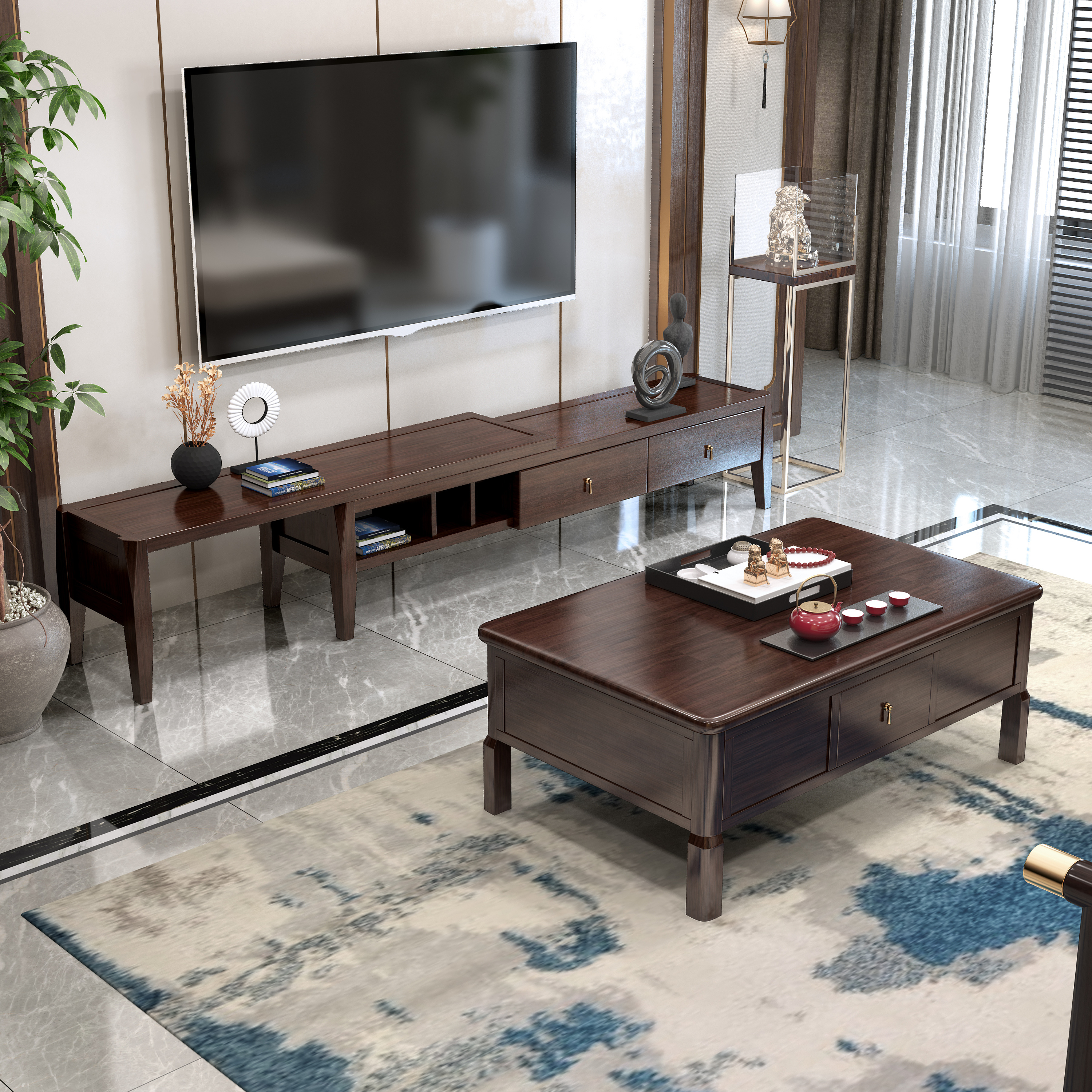 客厅新中式实木电视柜效果图设计- 中国风