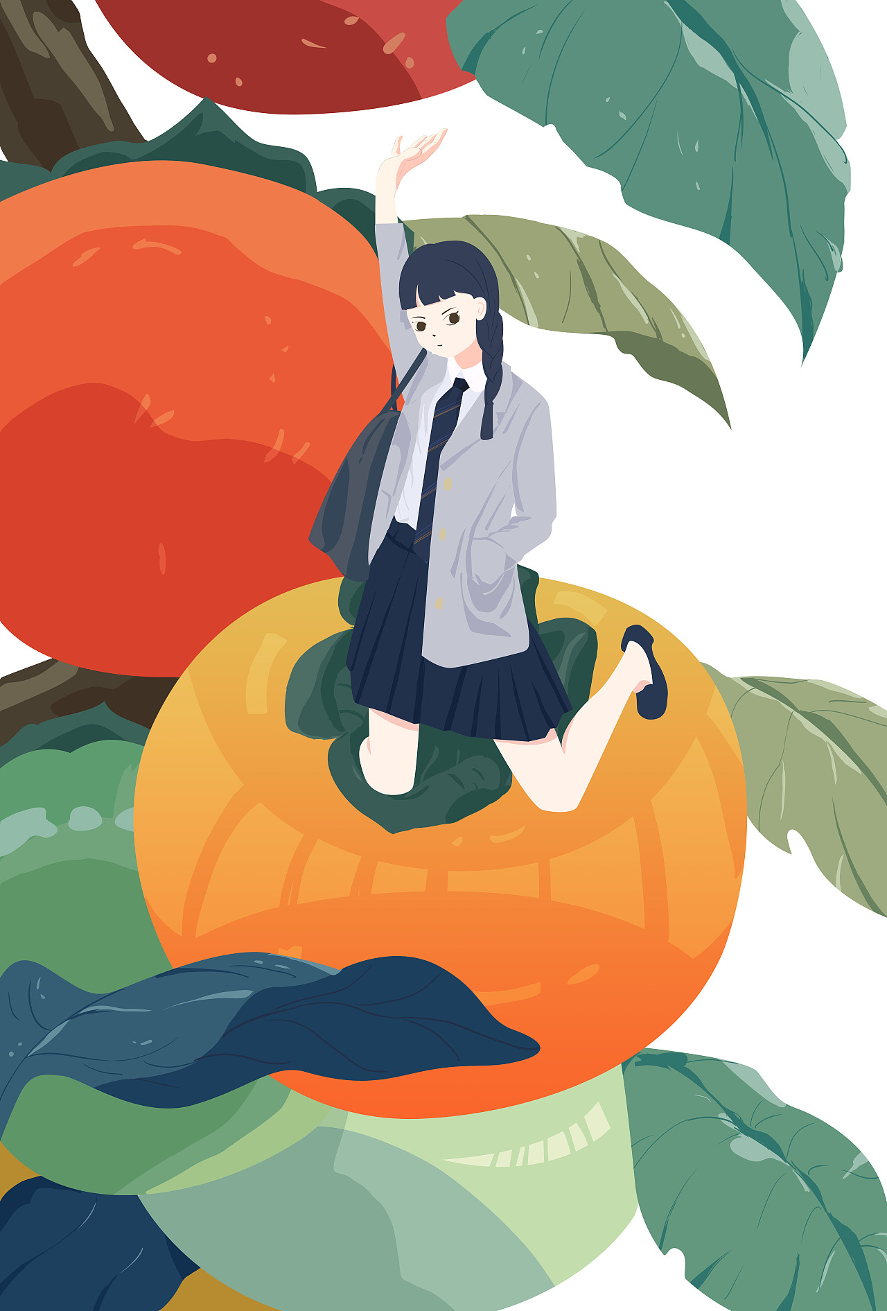 水果场景人物jk少女柿子商业插画