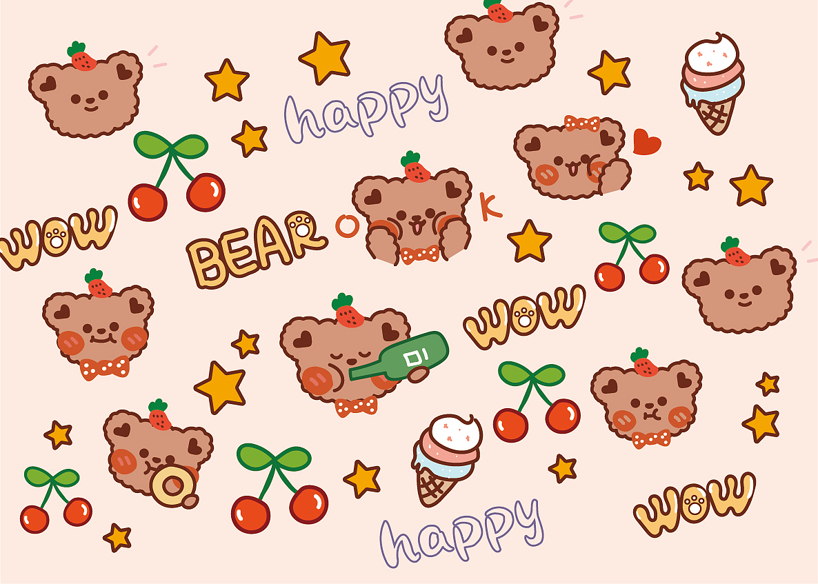 卡通手绘可爱熊表情包插画设计图案卡片贴纸毯子文创