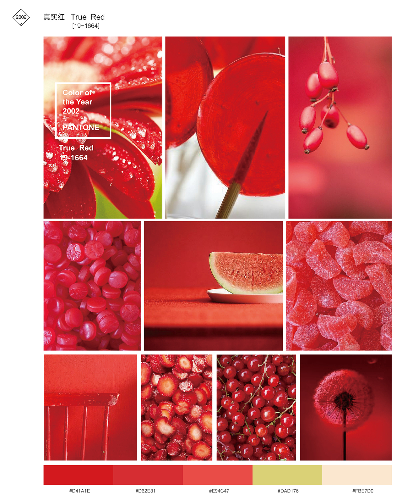 2002年 真实红 Pantone编号19-1664，颜色饱满鲜艳，少了点激动兴奋的感觉，却带出了可爱的女孩感，是完全不会褪色的流行色彩之一。
