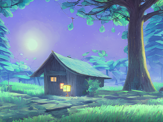 站酷梦笔#夜里的小木屋,动漫风