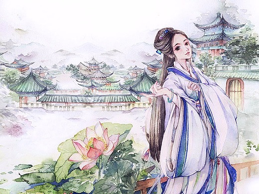 水彩手绘古风美女插画