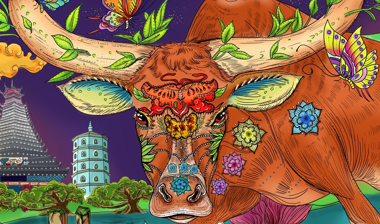 原创手绘商业插画牛神横幅长图产品绣莲外婆牛香吧外包装封面