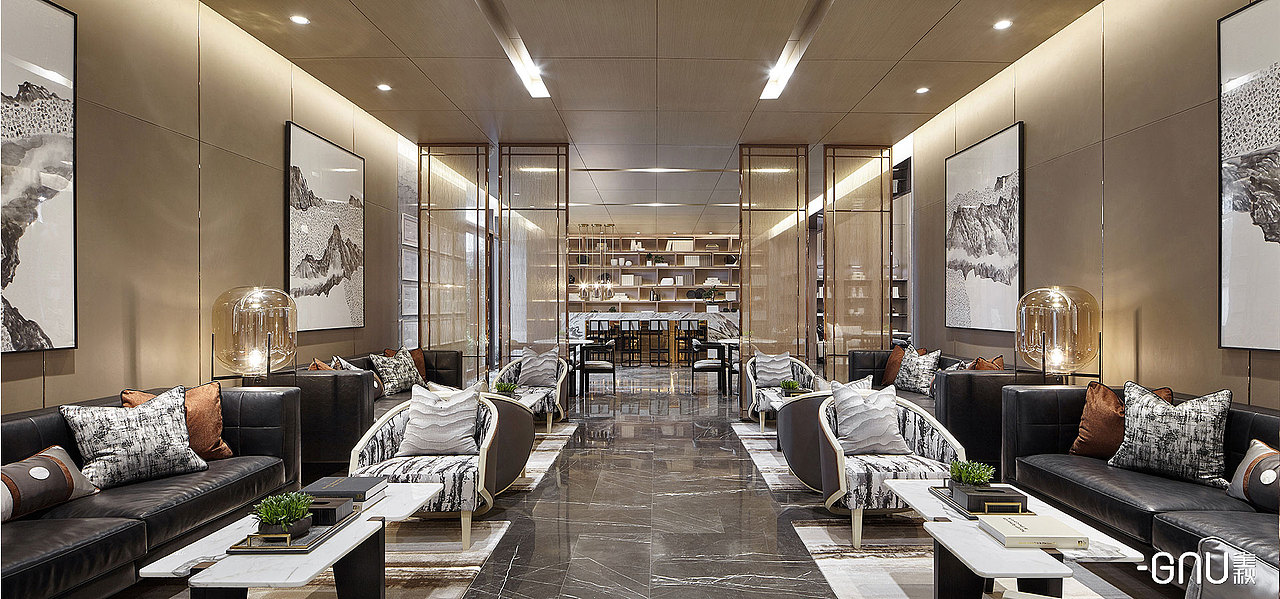 
<br>水墨风随处可见，洽谈区隐在屏风后，高山留水的壁画装置，让人仿佛置身山水间。