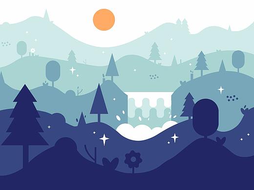 瀑布景观平面插画