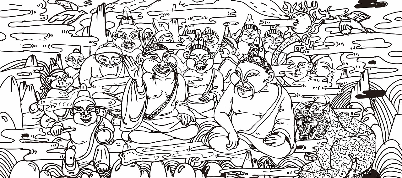 《说唱俑》黑白线稿 br>      《说唱俑》主要借鉴了满城汉墓出土的铜