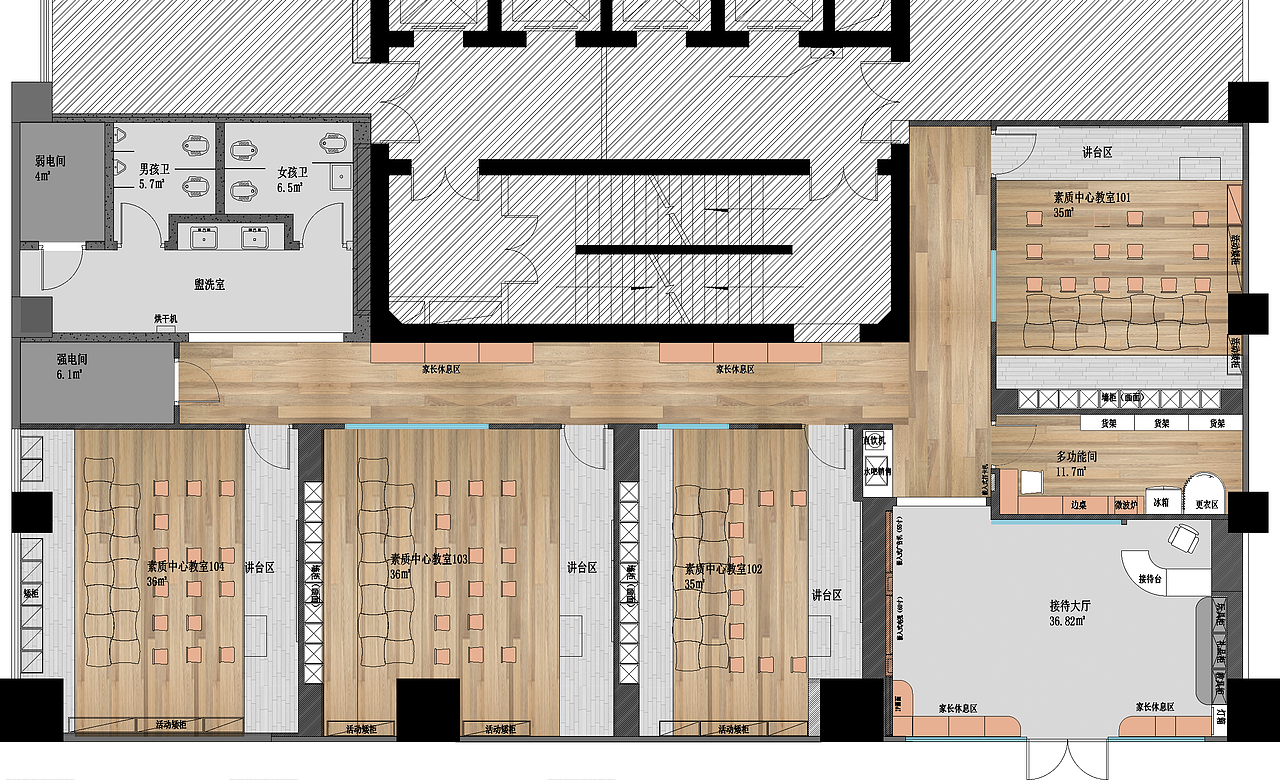 标准店面300㎡,每间教室35-40㎡之间,最大程度提升空间坪效.