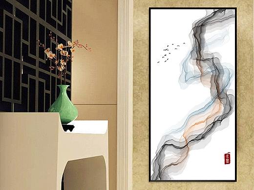 新中式中国风艺术抽象线条水墨山水玄关背景墙装饰画