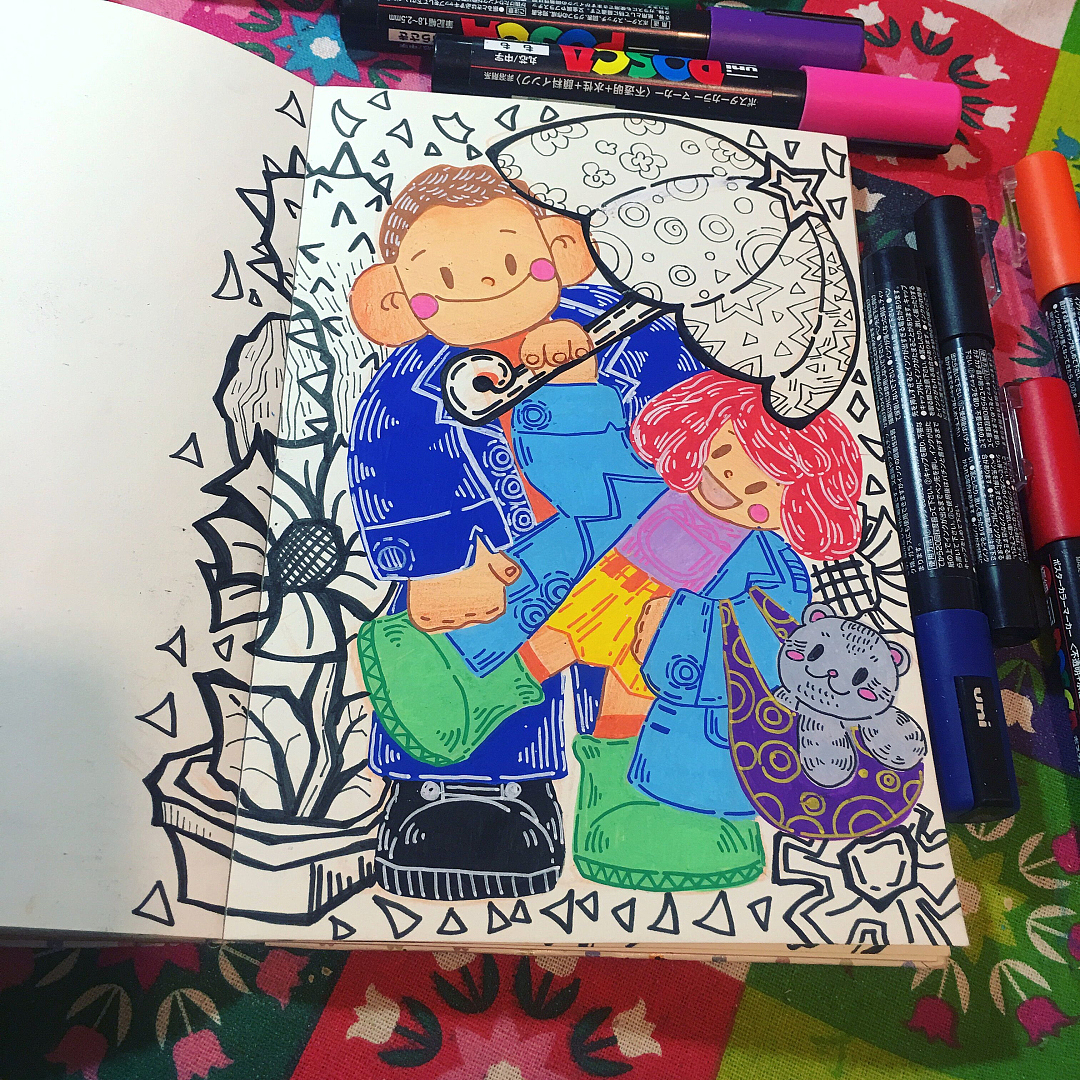 鸡翅笔下的小情侣呀<和你在一起>——丙烯马克笔装饰画