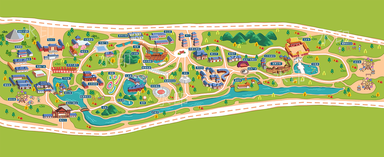 万岁山大宋武侠城景区智慧导览手绘地图定制设计