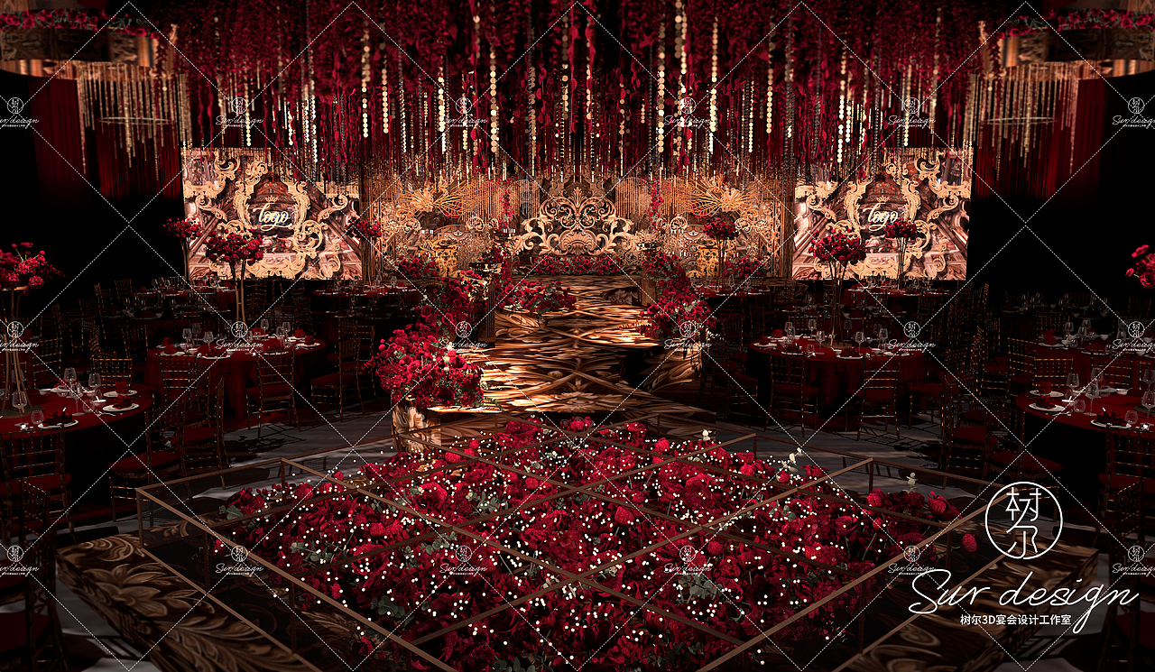 婚礼宴会红金巴洛克欧式婚礼3D效果图