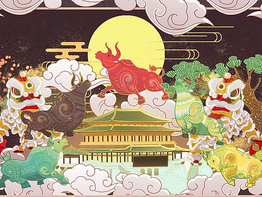 2021牛年创作   《五牛闹新春》