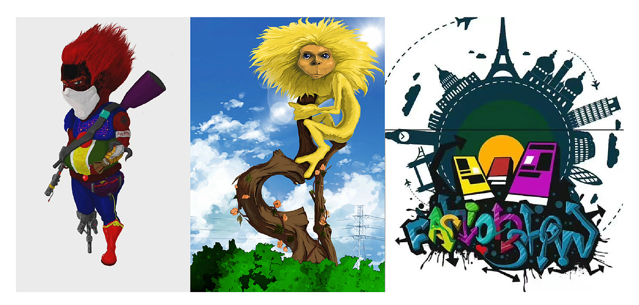 看到这个一下子就整个怀念住了,这个还是2014年,第一次接触数位板, 找我老爸拿了三百块,也没人教,也不会逛设计网站,就自己瞎折腾,画出来两幅惊世之作,值得一提的是最右边一副,阴差阳错的第一次被约稿啊,一个理发店,我还屁颠屁颠跑去看实地,后面他不满意,我很满意,他说不行,我说这个很好,他不给我钱,我说不要用,不然侵权,那个时候我就有了版权意识