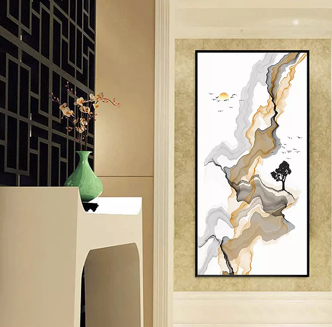 新中式线条山水水墨画抽象玄关背景墙装饰画