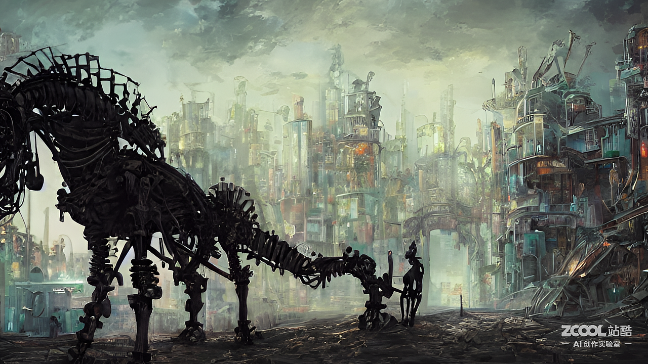 #站酷梦笔#机器骷髅骑士坐在机器马上,马站在楼上,迎