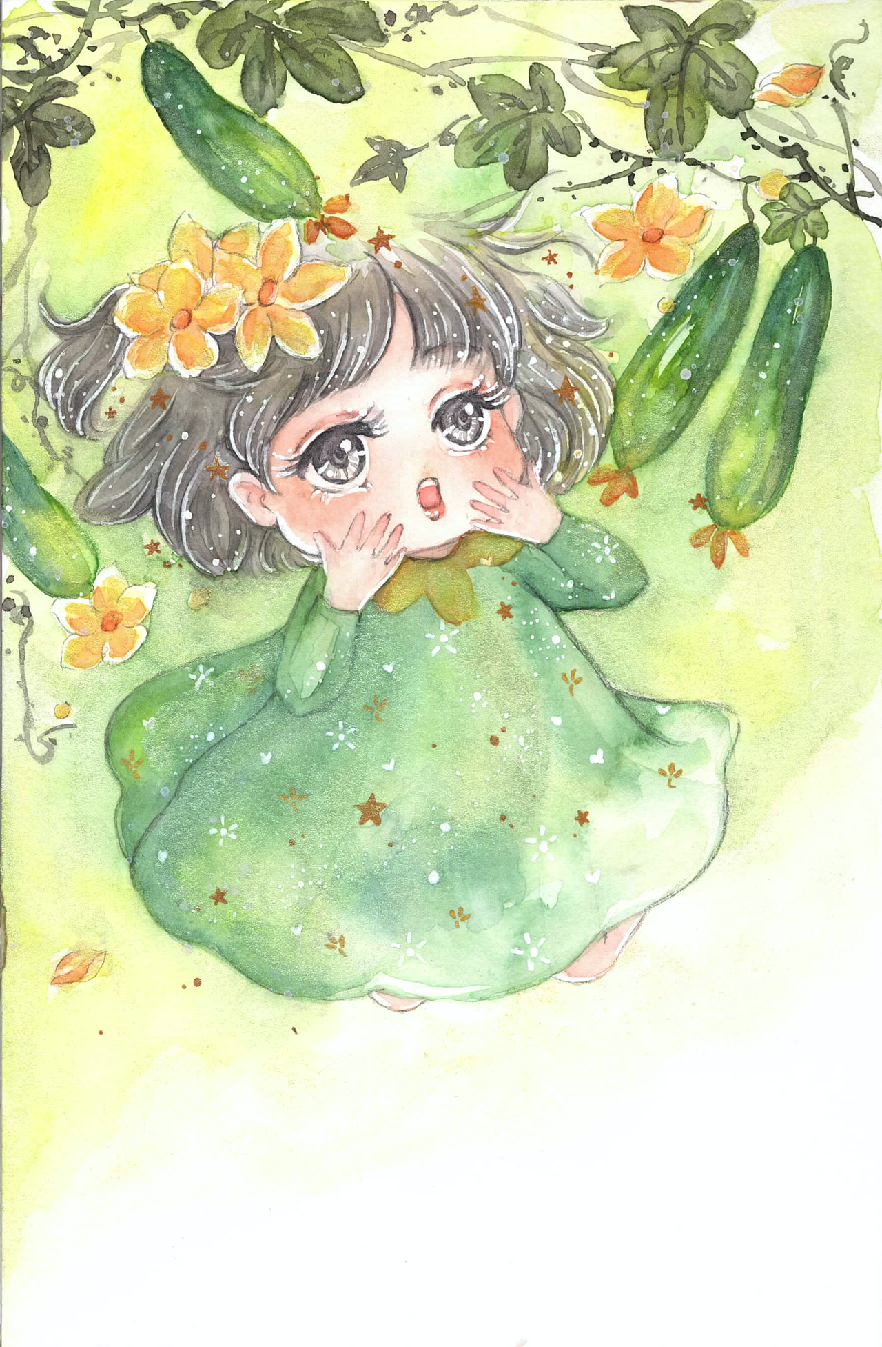 原创作品插画创作习作手绘水彩卡通女孩甘草花香拟人化499procreat