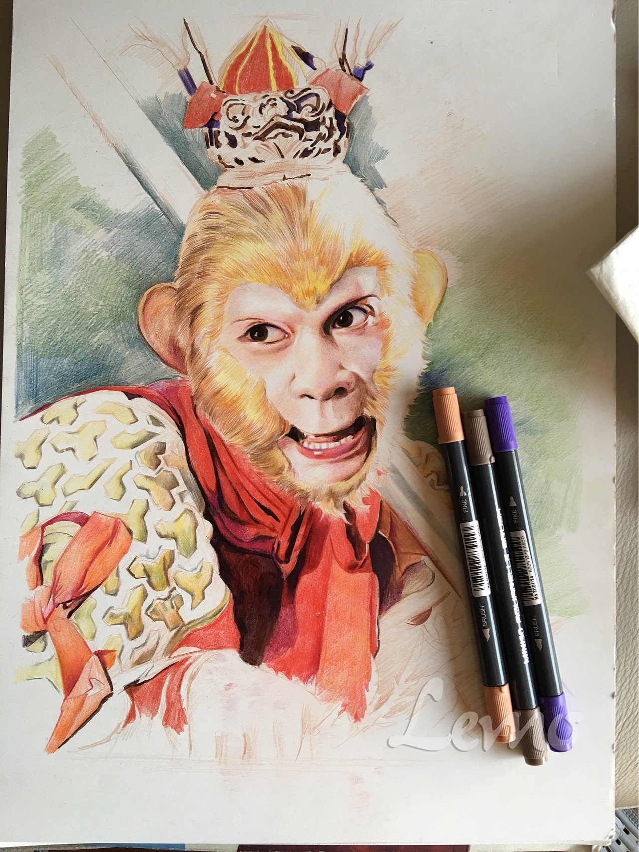 150色油性彩铅,单色起稿十分顺畅,白卡纸很滑,上色后就后悔用了它,不