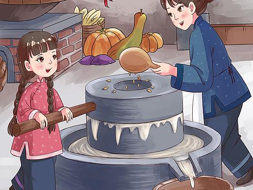 传统石磨中国风插画
