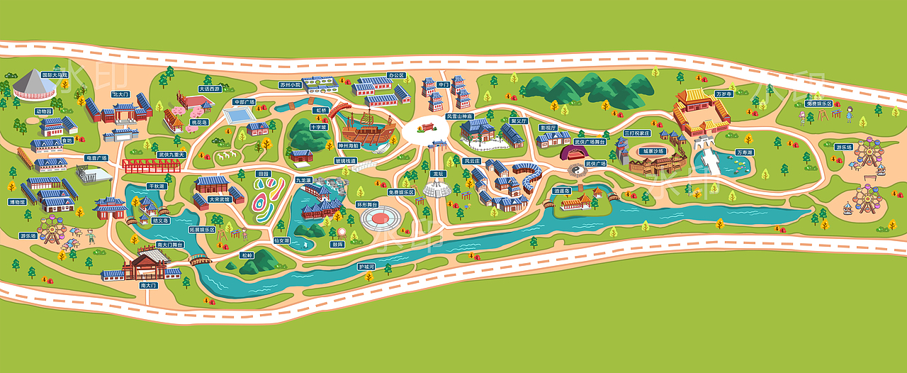 万岁山.大宋武侠城景区智慧导览手绘地图定制设计（图ZMjUzNDAzNDA0） - 商业插画 - 站酷设计师手绘地图原创素材 - 站酷ZCOOL