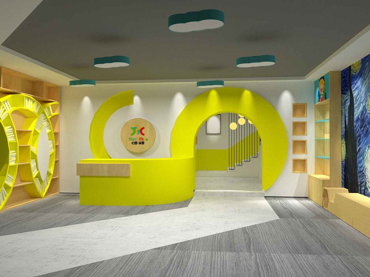 大厅效果图,以logo为元素设计的隔断柜,背景墙和门洞.