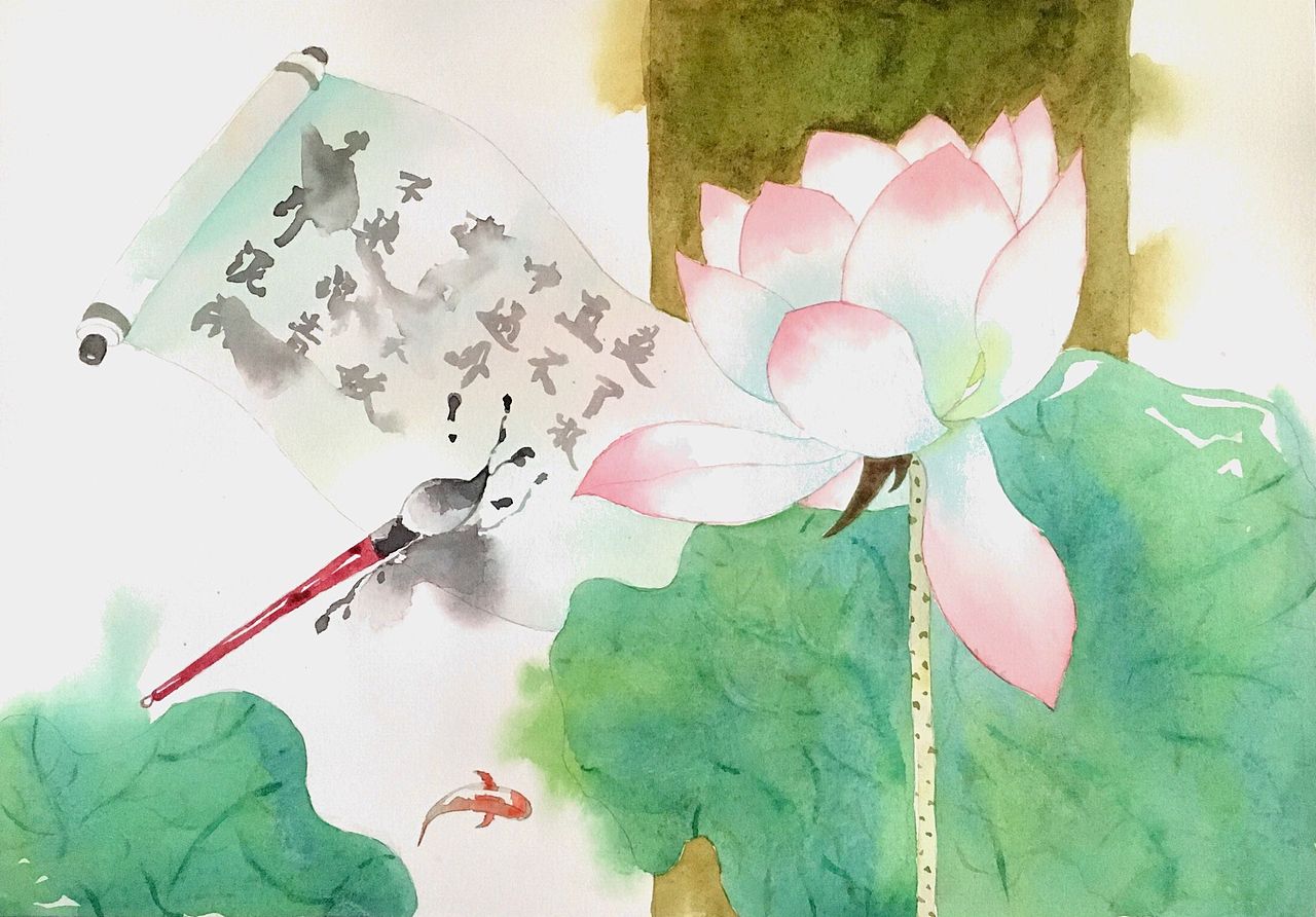 手绘水彩写意古风荷花与诗词