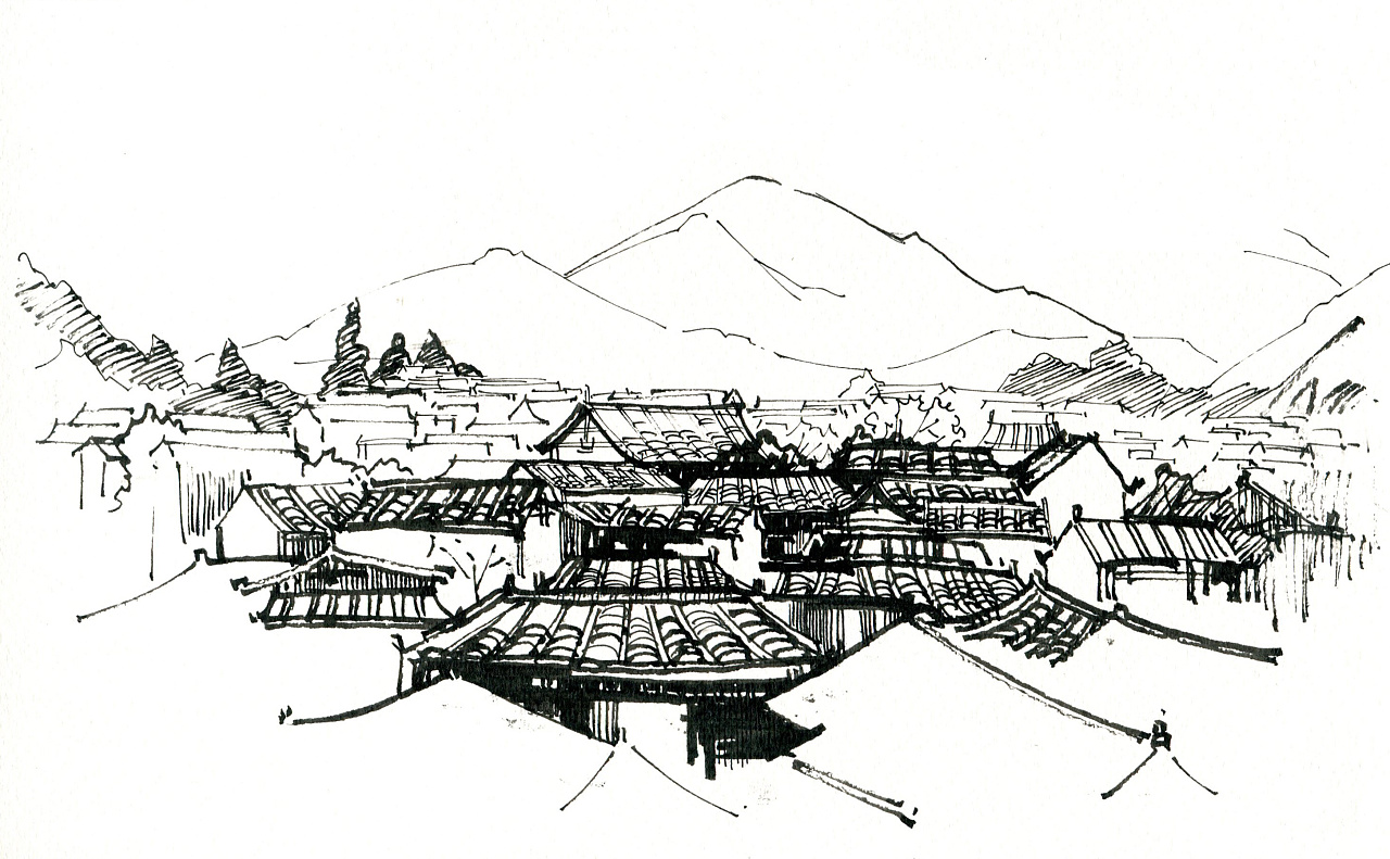 丽江古城手绘线稿图片