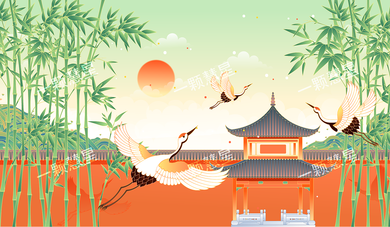 国潮风东方园林庭院建筑插画设计