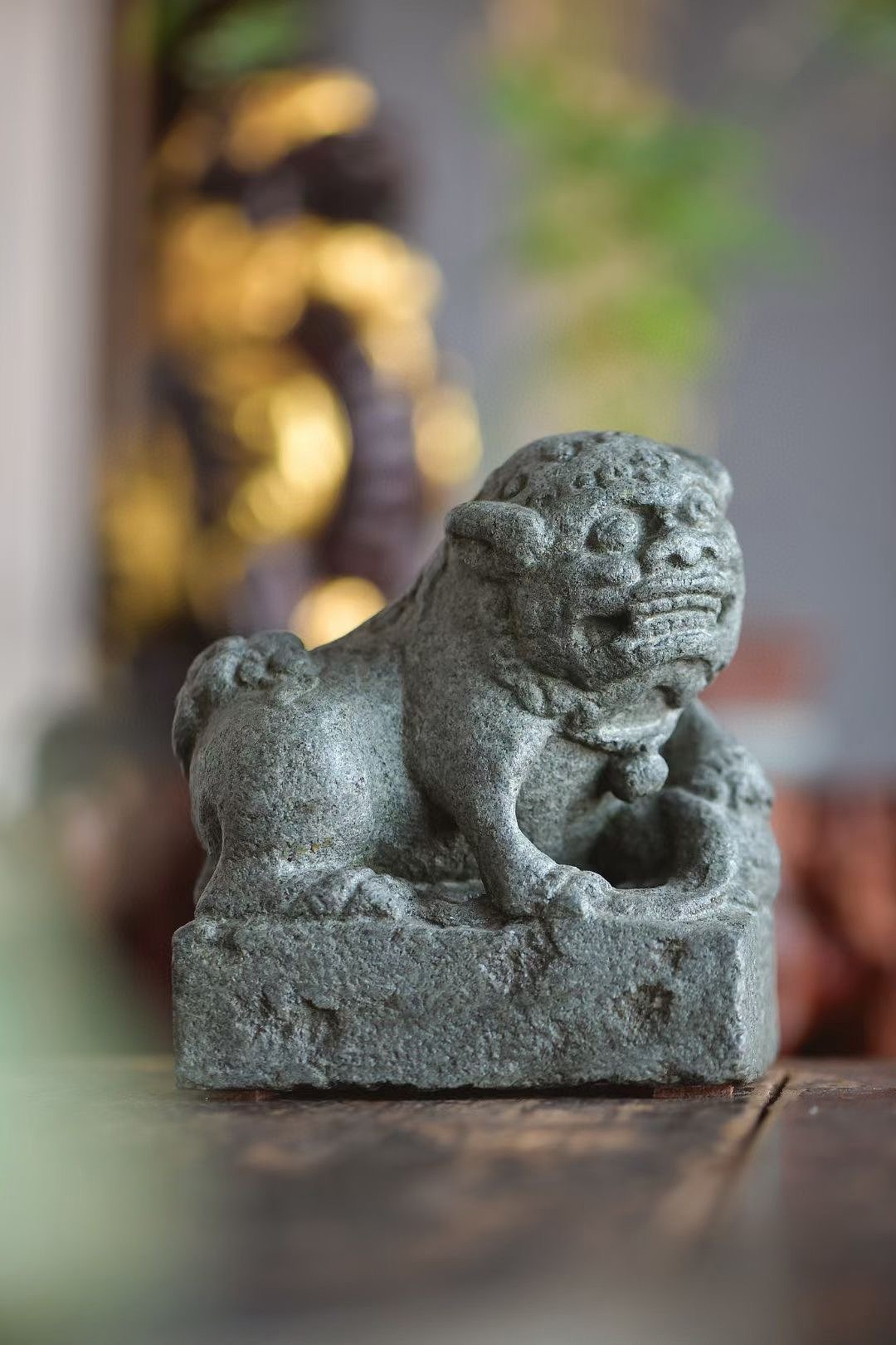 绿豆青石|案上对狮