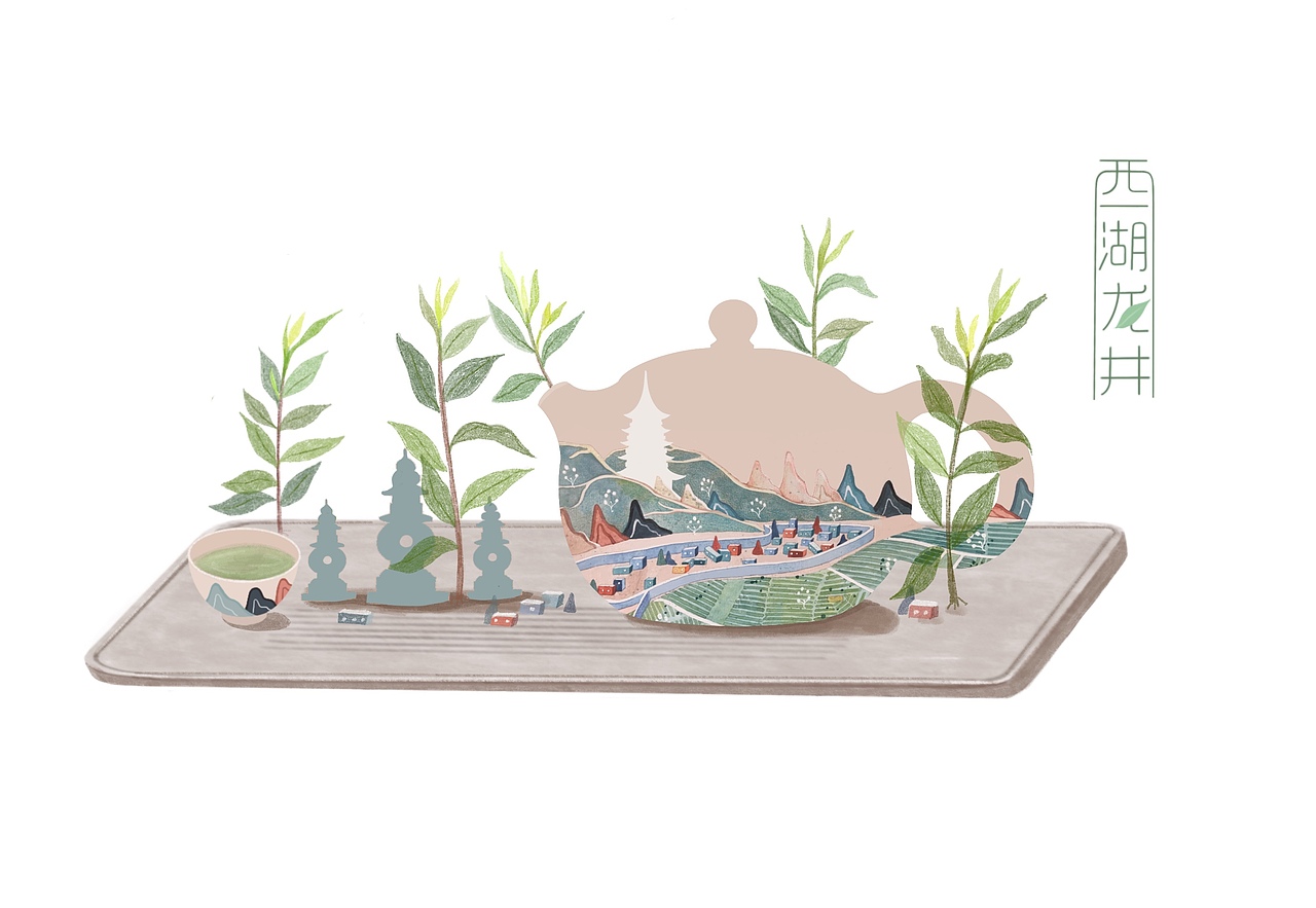 西湖龙井茶叶包装插画设计