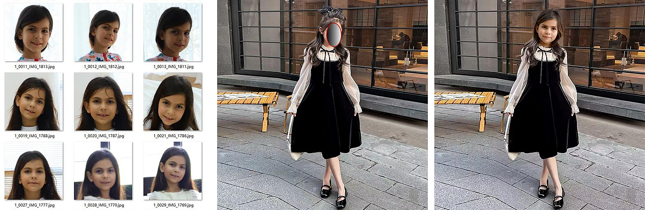 通过模特图训练lora模型，可以把脸部固定下来，左边是网络找的原图，图片是中国人的脸，右边直接换成训练好的lora模型的脸