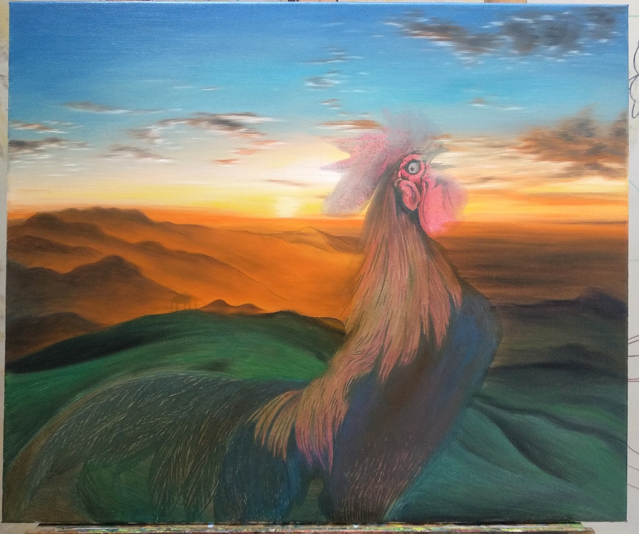 原创油画作品金鸡报晓