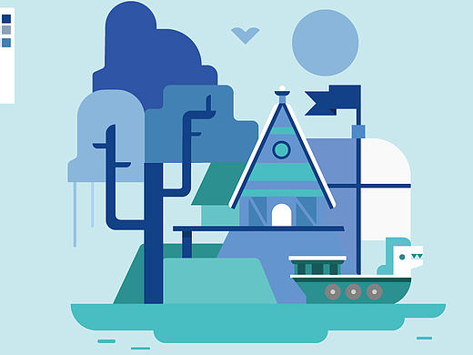 插画-几何变形组合-船只-大海-树