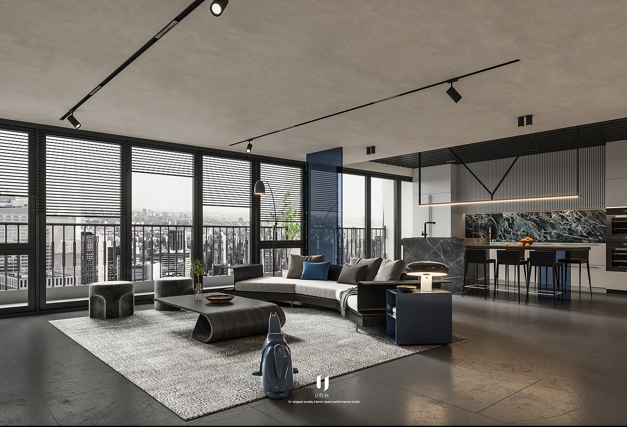 整个公共区域没有隔断阻隔视线,只借助吊顶,屏风,家具,柜体进行空间