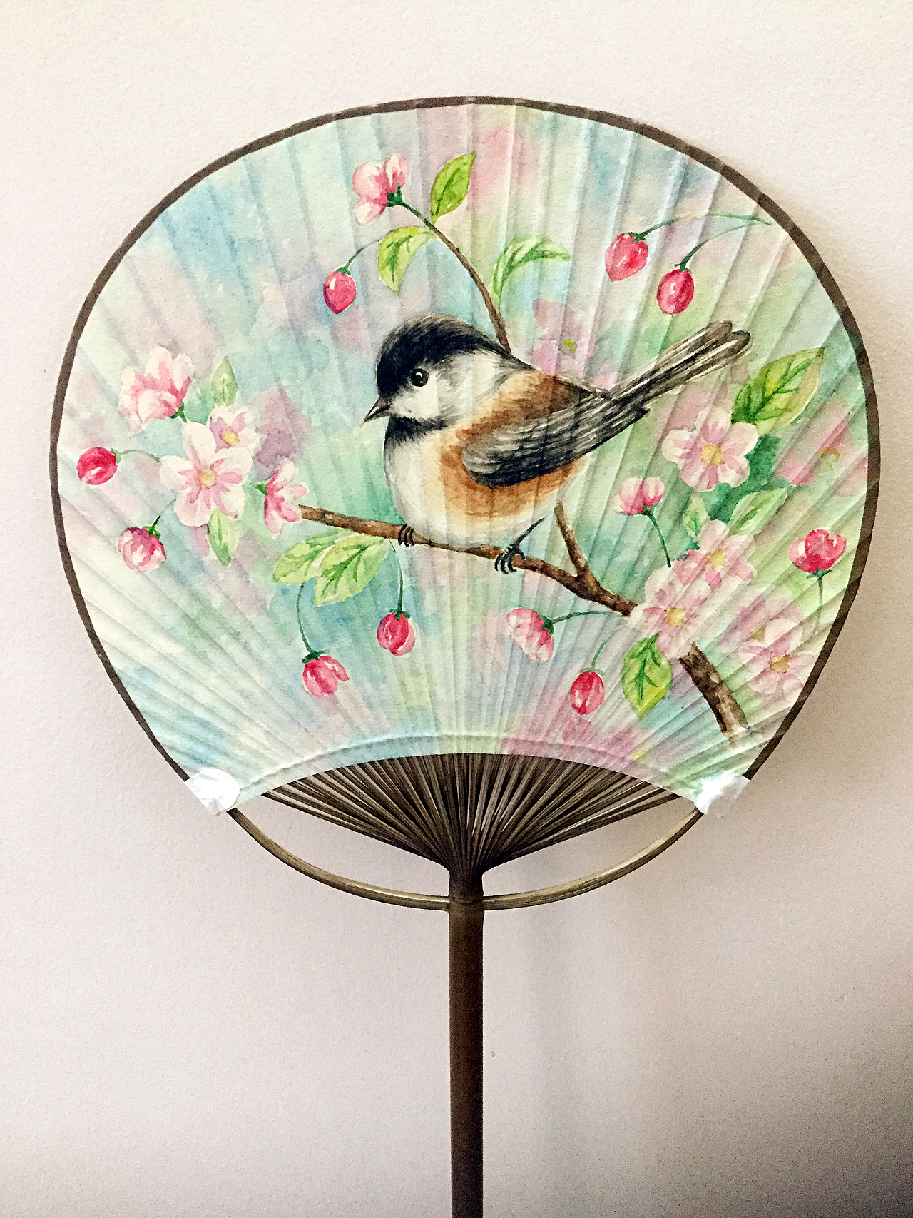 原创水彩画-扇子与小鸟