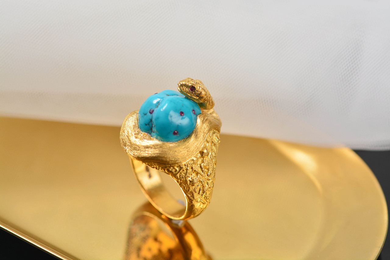 设计师作品|绿松石红宝蛇戒指|手工艺|首饰设计|天使原创珠宝设计