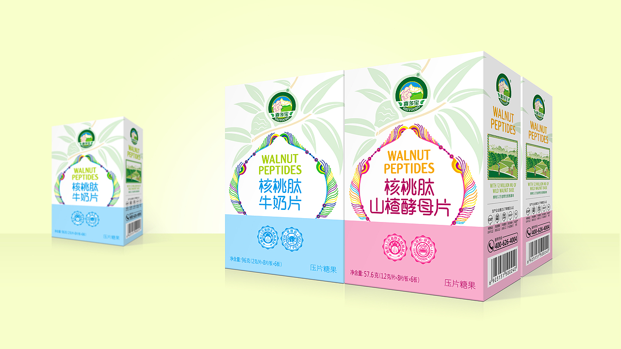整个包装设计重点突出产品原料,并且形成品牌符号,打造喜多宝“高原核桃、天然营养”的品牌调性,形成于品牌与竞品之间的差异化。