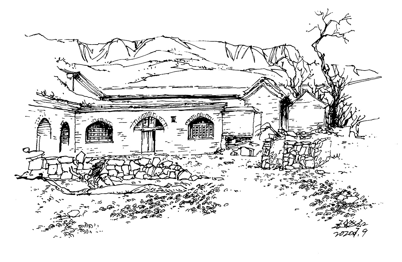 黄土高原风景——窑洞速写|纯艺术|绘画|延杨红钢笔画 - 原创作品