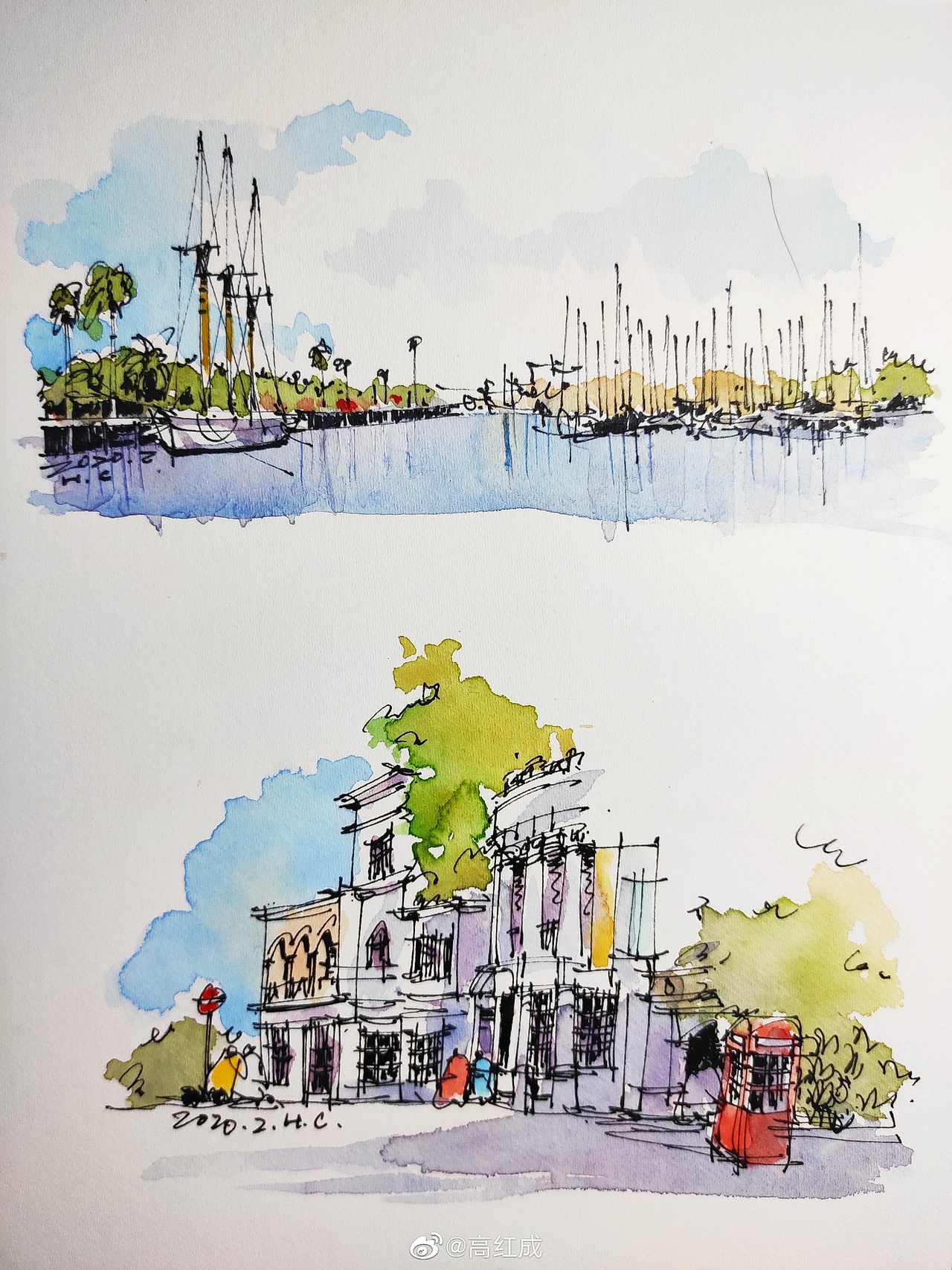 钢笔淡彩建筑风景速写