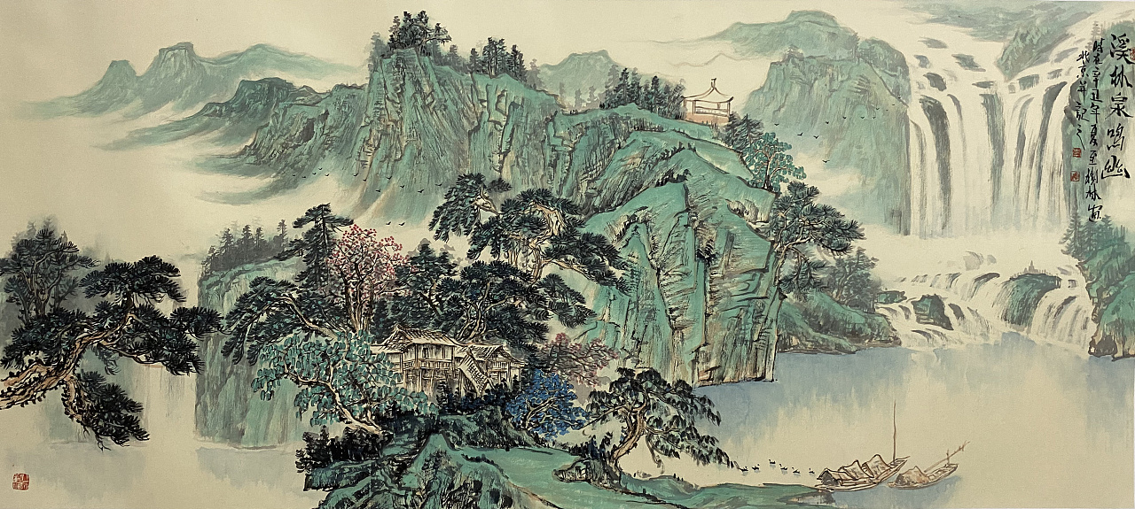 李树林青绿金碧山水画