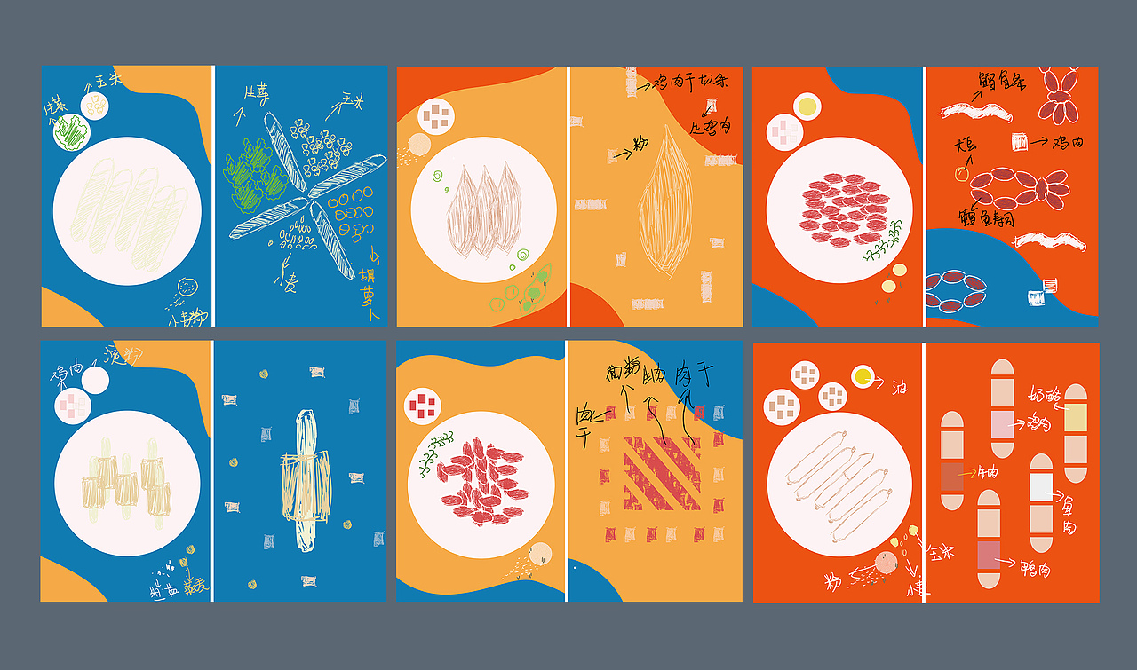 因为每款产品包含原材料众多，
涉及到的食材，拍摄配色搭配用的食材多达十几种，<br>为了方便甲方对拍摄方案的大致理解以及沟通，<br>画了详细的彩色稿，也方便后期拍摄时飞影能明确知道我的意图，<br>以及造型时候节省沟通的时间。<br>事实证明拍摄中顺畅的进行这几张灵魂画手之图还是很有用。<br>下次我会稍微画美一点，不失礼貌的微笑。