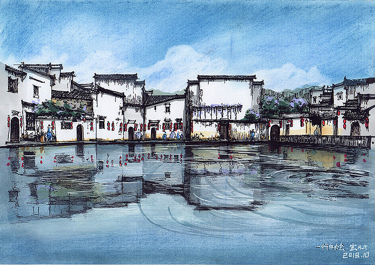宏村月沼|设计写生系列步骤临摹图一行手绘沈阳校区（图ZMTMyOTg3MzI0） - 绘画 - 站酷设计师村长123原创素材 - 站酷ZCOOL