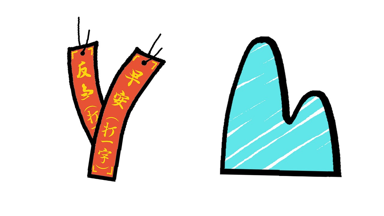 字母Y 创作成两张猜灯谜的红色小纸条
字母M 创作成中国元素山