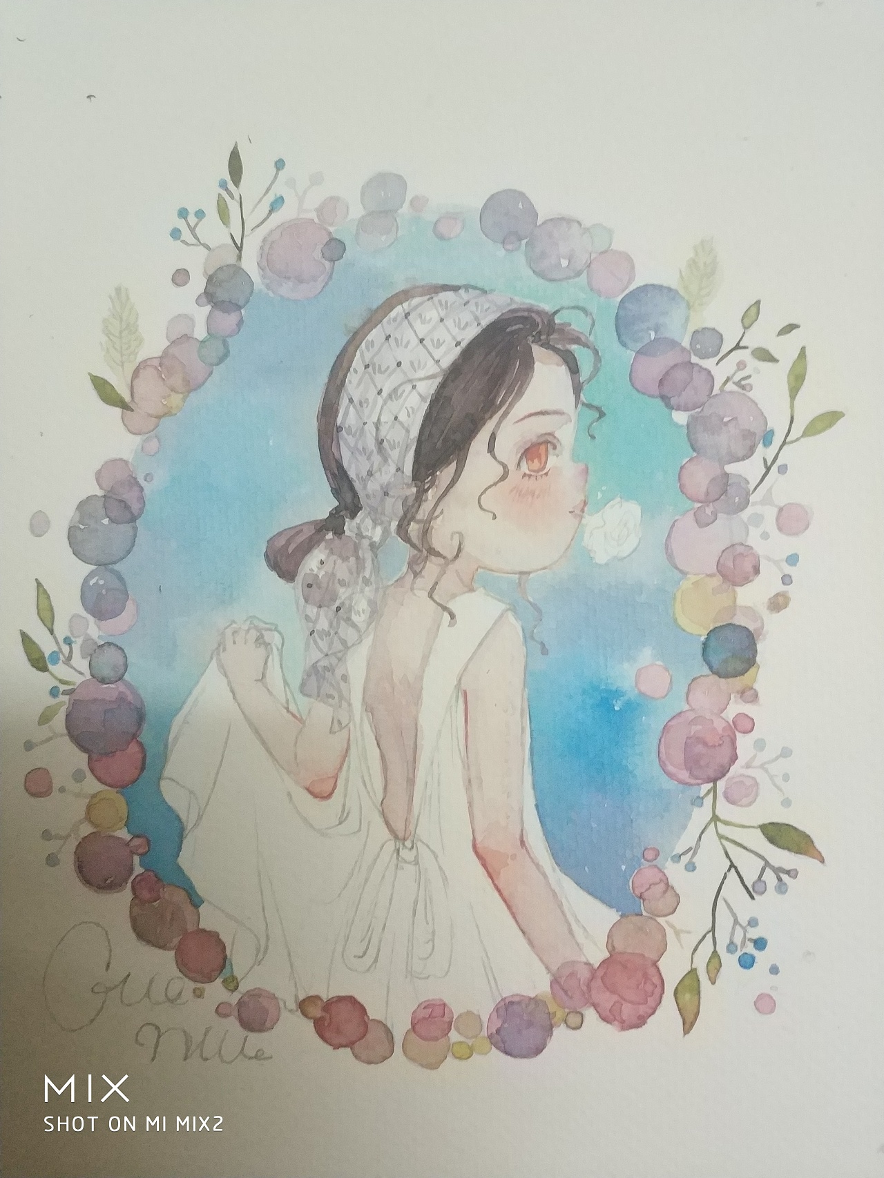 可爱原创手绘花环水彩圈圈少女插画淡彩,画画过程教学
