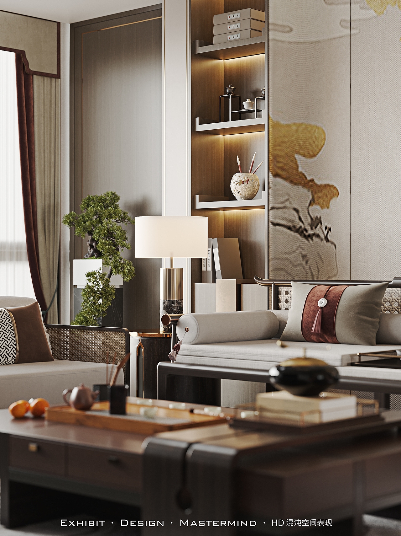 新中式挑空别墅客餐厅 ▏混沌空间写实表现原创