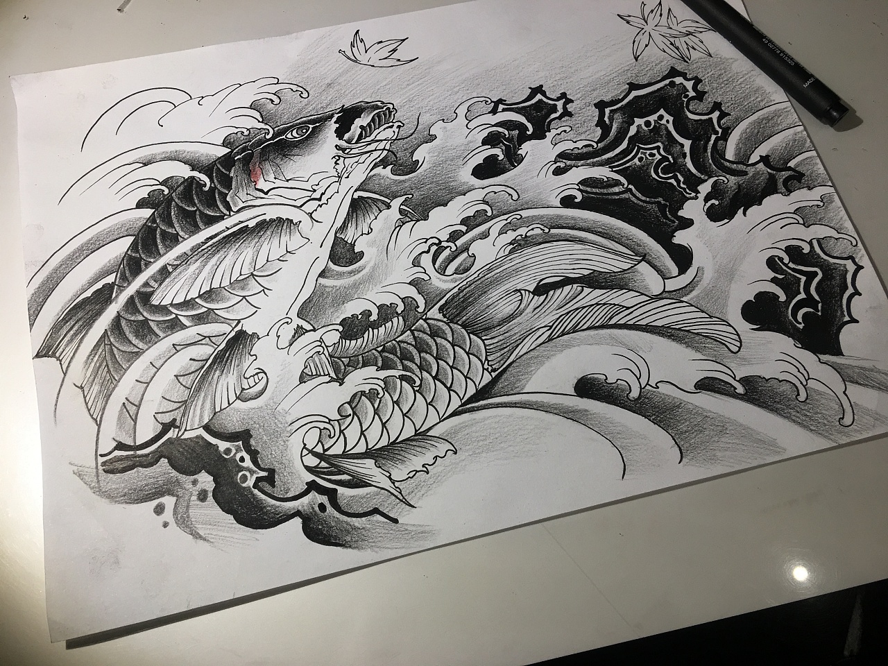 分享一款经典传统鲤鱼纹身手稿