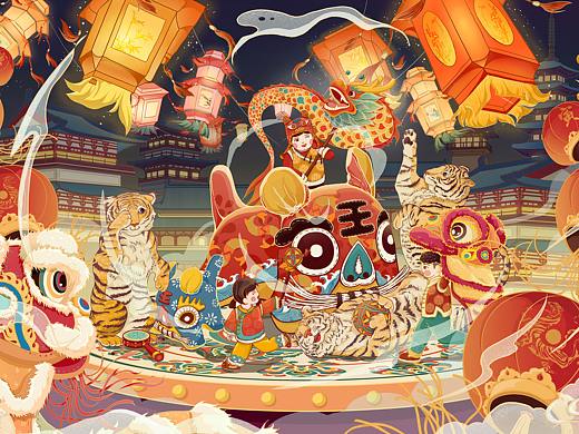 五虎临门-2022虎年春节插画设计