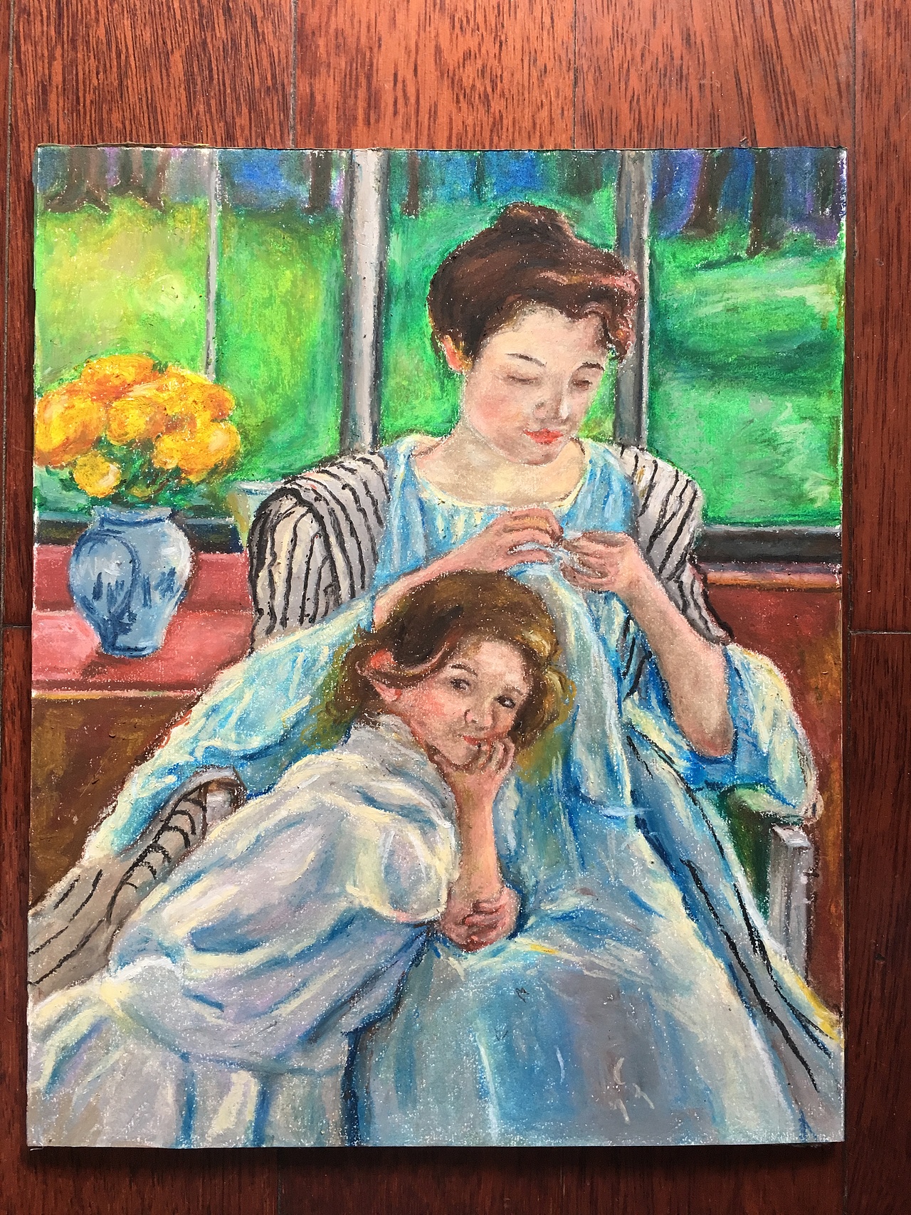 油画棒练习分享之玛丽卡萨特在缝纫的年轻母亲