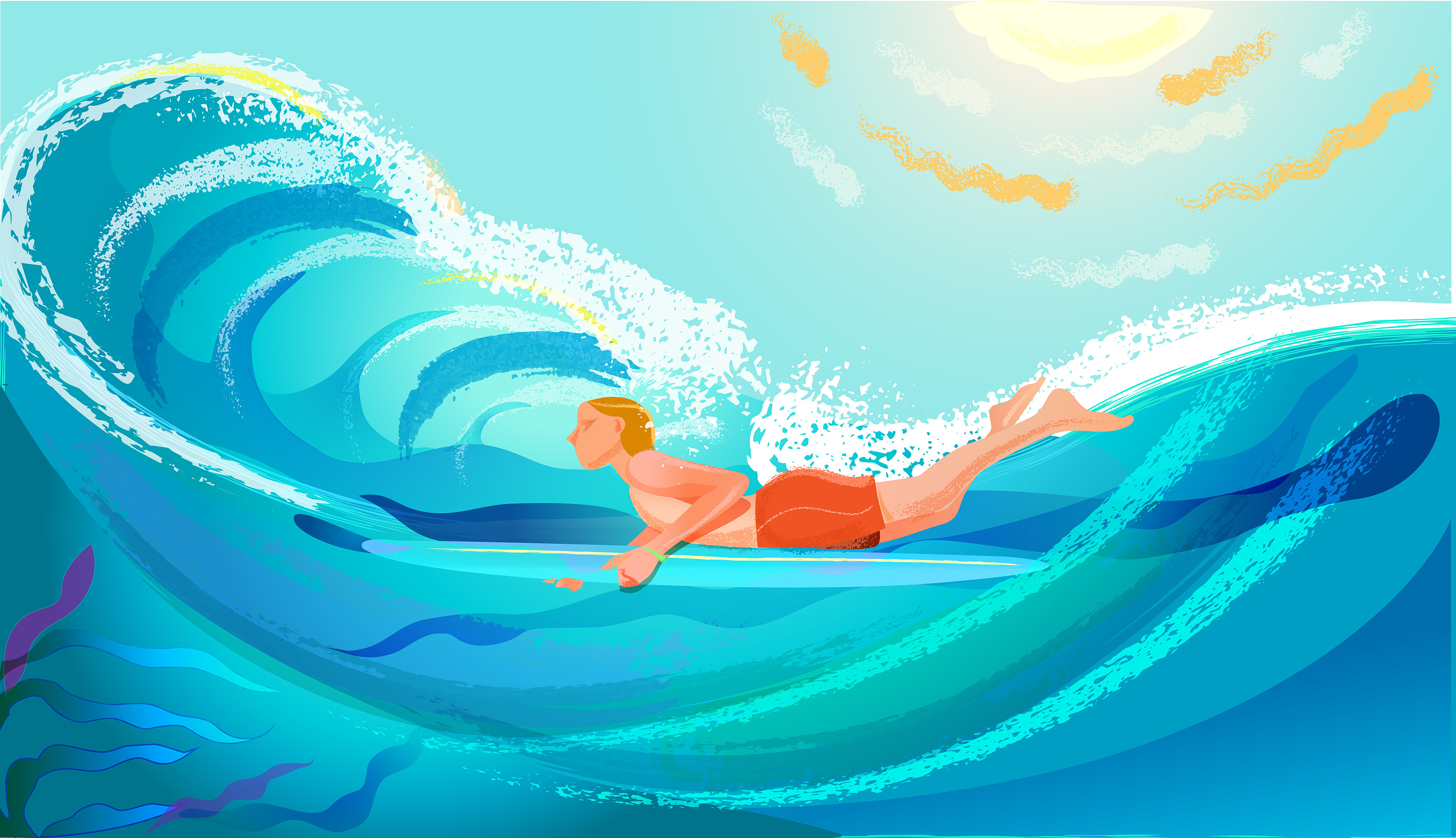 蓝色绿色阳光大海自由冲浪少年假期矢量插图
